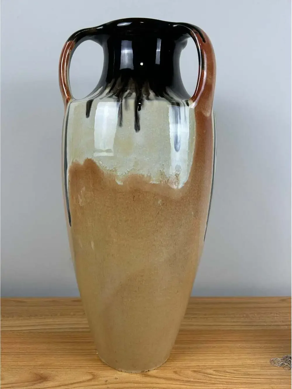 American Art Pottery Orange Black Peachskin Triple Handled Large 18